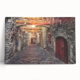 Black and white large art print of a European street scene on stretched canvas, ideal for kitchen wall art.