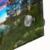 Large abstract wall art depicting a Finnish landscape in muted shades on acrylic glass, suitable for dining room ambiance.