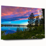 Large abstract wall art of a serene Finnish landscape in muted blue and green tones.