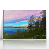 Mid-century modernist art depicting a serene Finnish landscape in muted colors on a framed acrylic.