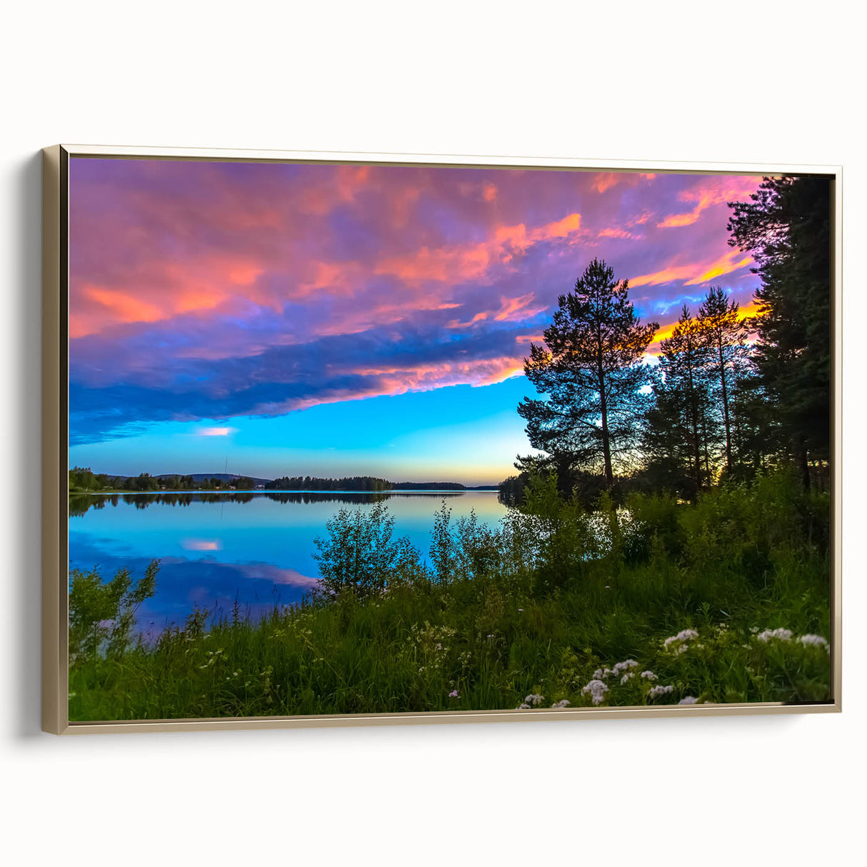 Framed canvas featuring a vintage-style landscape painting of a serene Finnish scenery in muted gold and black tones.