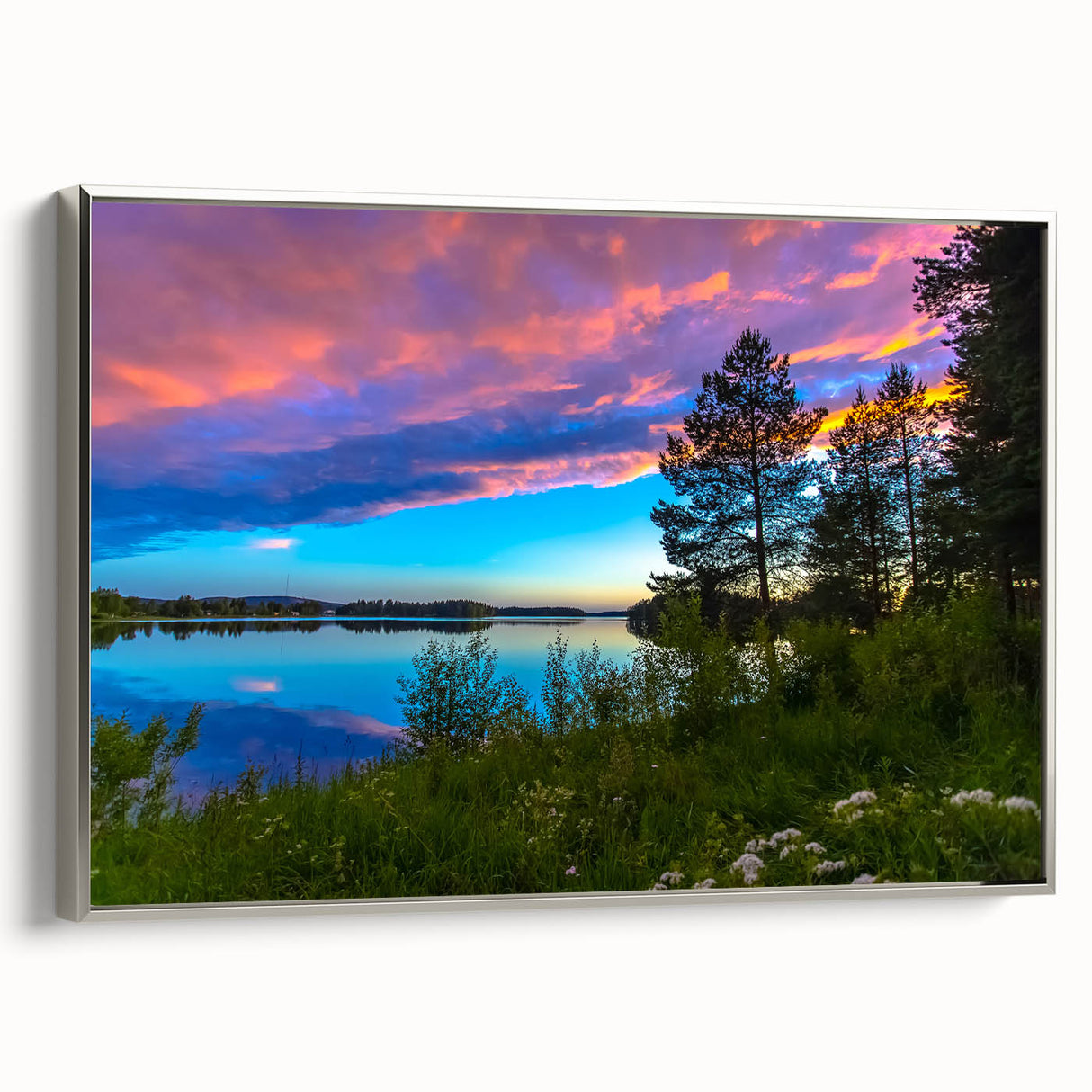 Landscape art painting of a serene Finnish scenery on framed canvas, featuring muted earth tones and vintage poster style.