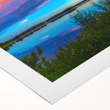 Art deco poster featuring a serene Finnish landscape in muted blue and green tones on rolled canvas.