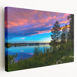 Large canvas print of a serene Finnish landscape in muted green and blue tones, suitable for kitchen wall art.