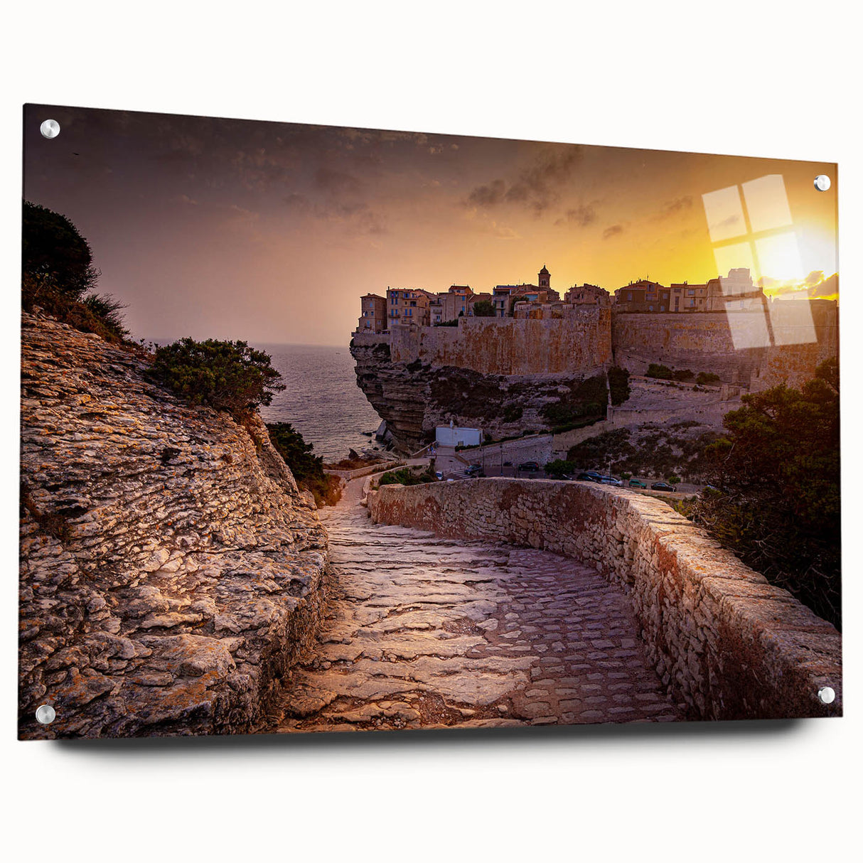 Acrylic print of a Corsican landscape in muted earth tones, ideal for dining room decor.