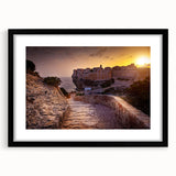 Extra large abstract print of colorful, textured Corsican scenery on framed black matte canvas, ideal for living room decor.