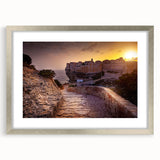 Extra large abstract art print of a Corsican landscape in textured grays and blues, framed in silver.