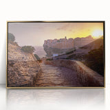 Acrylic print of a Corsican landscape with muted earth tones in an art deco style, ideal for modern art wall decor.