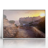 Mid-century modernist art depicting a serene Corsican landscape on a white framed acrylic, ideal for nursery wall art.