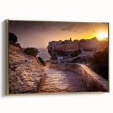 Framed canvas wall art of a vintage-style Corsican landscape in muted earth tones, ideal for bedroom decor.