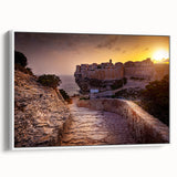 Vintage poster art of Corsican landscape in vibrant colors on a framed canvas, ideal for living room decor.