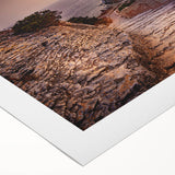 Art deco poster of a Corsican landscape in muted earth tones on rolled canvas, suitable for dining room decor.