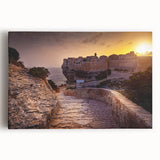 Black and white stretched canvas of Corsican landscape, ideal for kitchen wall art.