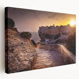Landscape painting of Corsica with vibrant blue and green tones on a stretched canvas, suitable for kitchen wall art.