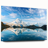 Acrylic print of the French Alps with vivid blue and white tones, suitable for dining room decor.