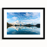 Extra large, textured abstract art print of the French Alps in vibrant colors on a framed black mat.