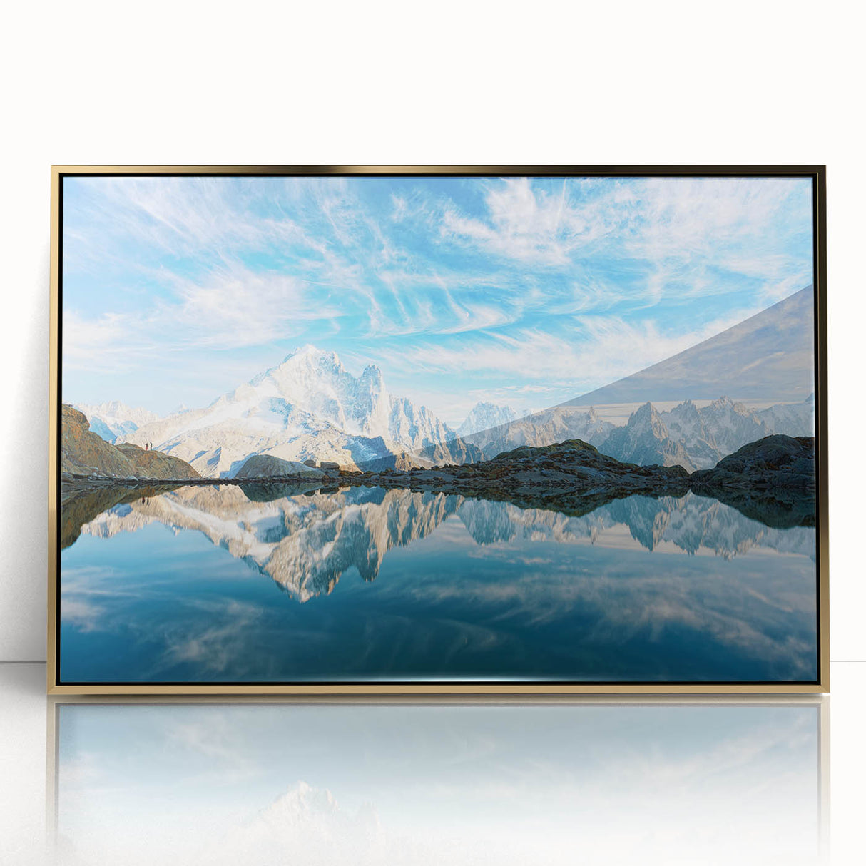 Art deco poster of the French Alps in muted gold tones on framed acrylic, suitable for modern art wall decor.