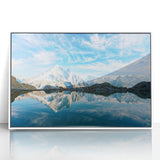 Mid-century modernist art of the French Alps in muted earth tones on a framed acrylic panel, suitable for nursery wall art.