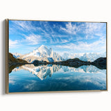 Framed canvas depicting a serene French Alps landscape in muted earth tones, ideal for bedroom wall art.