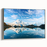 Landscape art painting of the French Alps on a framed canvas, featuring vibrant green and blue tones.