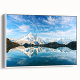 Vintage poster art of the French Alps in colorful tones on a large framed canvas, suitable for living room decor.