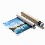 Rolled print of the French Alps with vibrant green meadows and snowy peaks, ideal for classy bathroom wall art.