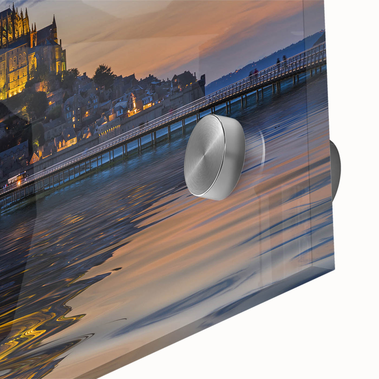 Large abstract wall art depicting a European scenery in muted earth tones on acrylic glass.