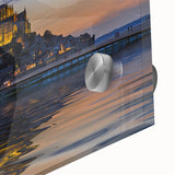 Large abstract wall art depicting a European scenery in muted earth tones on acrylic glass.