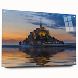 Large abstract wall art of a European scenery on acrylic glass, in muted earth tones, ideal for bedroom or dining room decor.