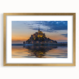 Abstract art print of a European scenery in muted gold and blue tones, framed with a golden mat.