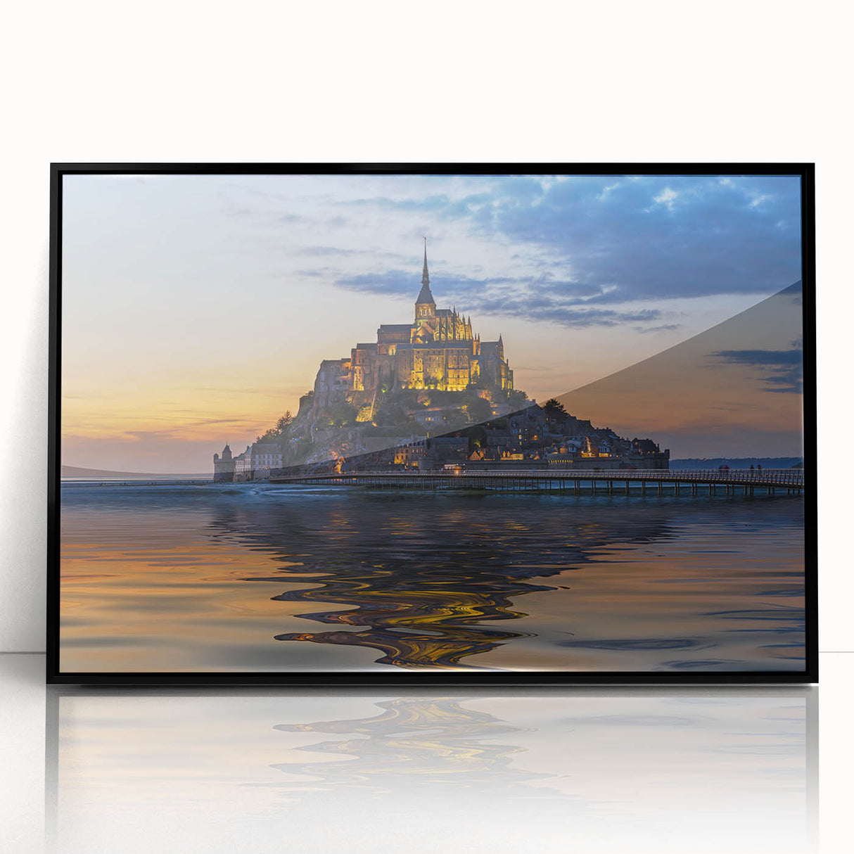 Large abstract wall art depicting a stylized European scenery in black and white, framed in acrylic.
