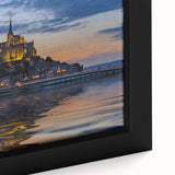 Close-up of extra large framed canvas depicting a textured scene of a French landscape in black with colorful highlights.