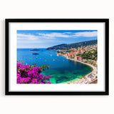 Extra large abstract art print of a vibrant, colorful European scenery on a textured canvas, framed in black.