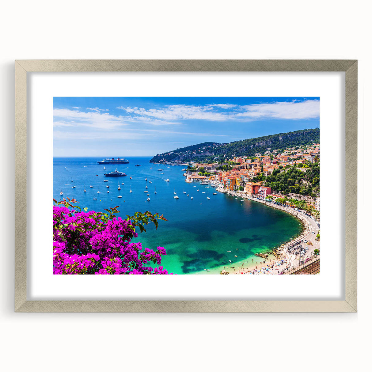 Extra large abstract art print of a textured European scenery in muted earth tones, framed in silver.
