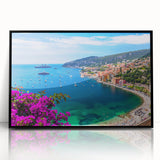 Large abstract wall art depicting a scenic view of Nice, France in muted earth tones on a framed acrylic panel.