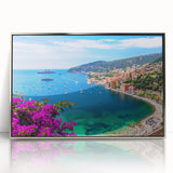 Large acrylic print of a mid-century modernist Nice, France scenery in muted blue and silver tones.