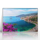 Mid-century modernist art depicting the Nice, France skyline in acrylic, framed in white, ideal for nursery wall decor.