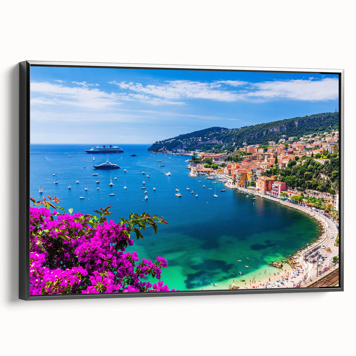 Black and white wall art featuring a vintage poster-style landscape of Nice, France, on framed canvas.