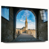 Large abstract wall art of the Normandy coast in muted blue and gray tones on acrylic glass.