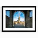 Extra large abstract art print of a colorful Normandy scenery on textured canvas, framed in black.