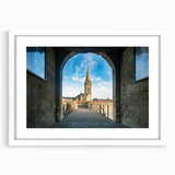 Textured abstract art print of Normandy landscape in muted earth tones on a framed canvas, ideal for bedroom decor.