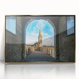 Art deco poster of Normandy landscape in muted gold and blue tones on framed acrylic, suitable for modern nursery decor.