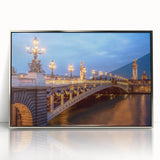 Large acrylic print of Paris scenery in muted gray and blue tones, framed in silver, suitable for modern art wall decor.