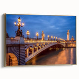 Vintage poster art of Paris landscape on framed canvas, featuring black and gold tones, ideal for bedroom wall decor.