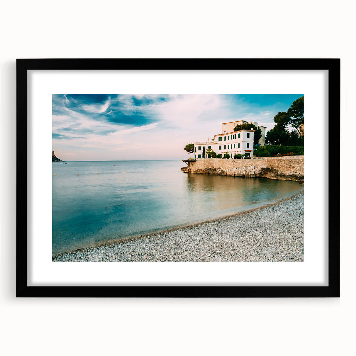 Extra large abstract art print of a colorful Provence scenery in vibrant hues on textured canvas, framed in black.