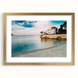 Abstract art print of a Provence landscape in muted earth tones, framed in gold, ideal for dining room decor.