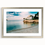 Extra large abstract art print of a textured Provence scenery in muted earth tones, framed in silver.