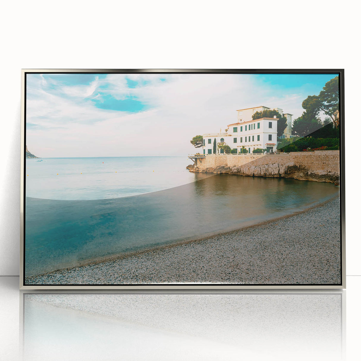Large acrylic print of a Provence, France scenery in mid-century modernist style, framed in silver.