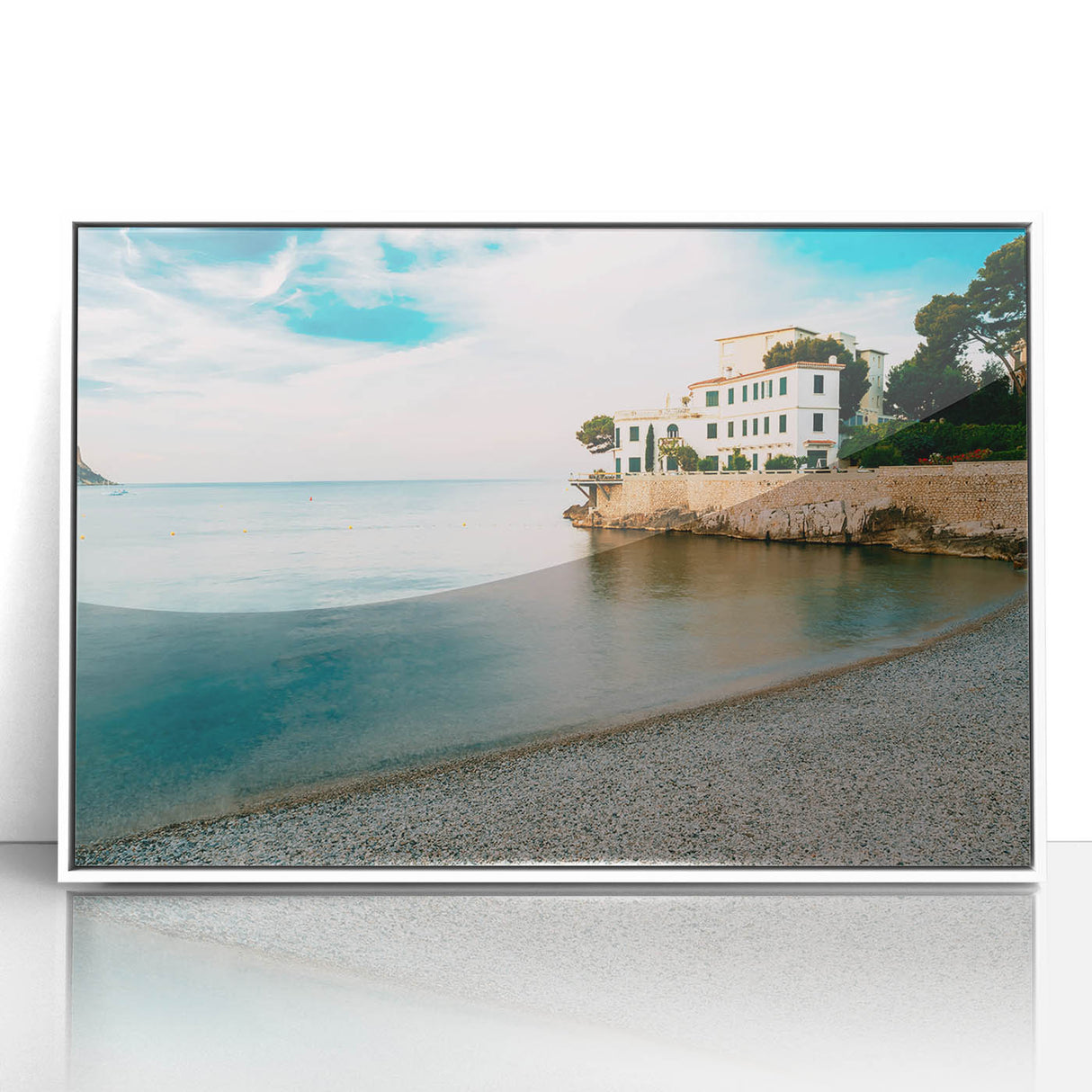 Mid-century modernist art depicting a serene Provence landscape in muted earth tones on a framed acrylic panel.