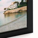 Extra large framed canvas featuring a textured depiction of a Provence scenery in black with colorful accents.